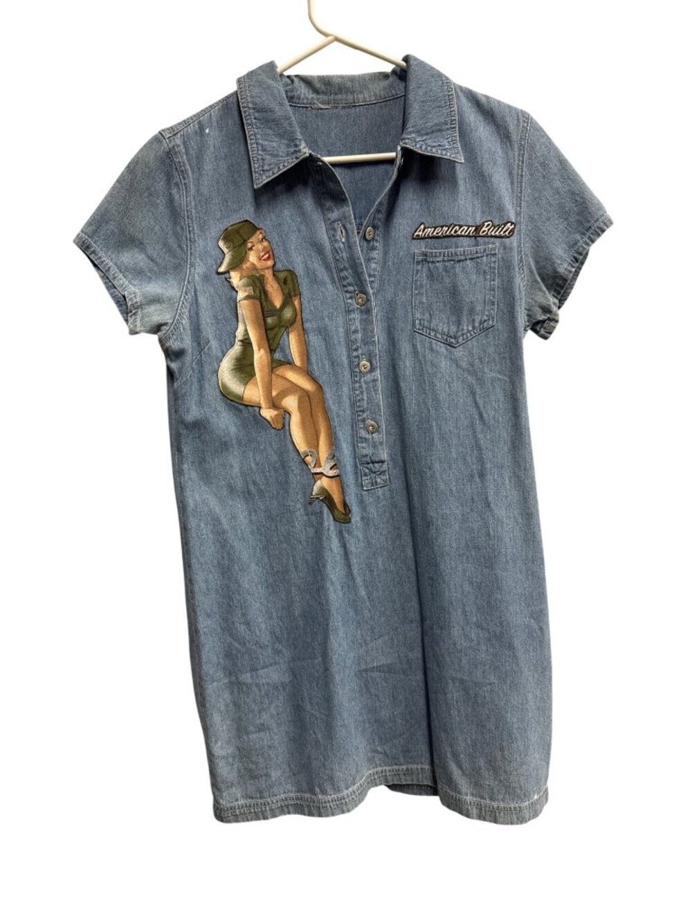 Vintage Upcycled Denim Dress With Military Pin-Up Girl & Eagle Patches